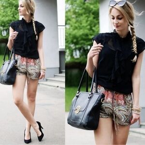 Zara Bloggers Favorite Paisley Silky Drawstring High Rise Shorts Size M Pockets